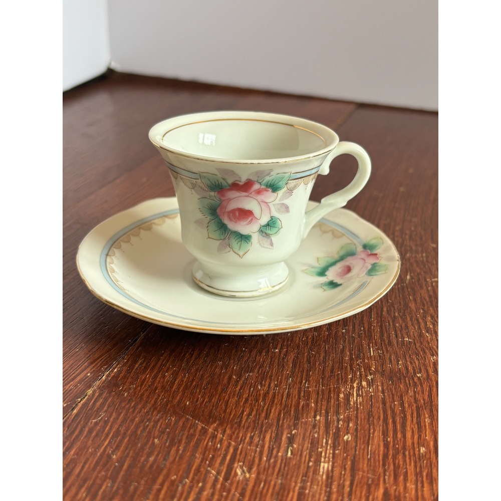 Vintage Occupied Japan Demitasse Cup Saucer Pink Rose Gold Trim 1945–1952